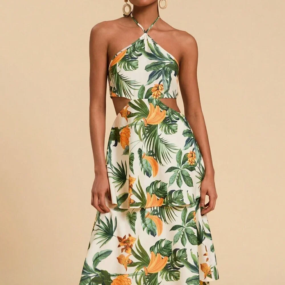 Boho Women's Tropical Plant Print Halter Waist Cutout Maxi Dress